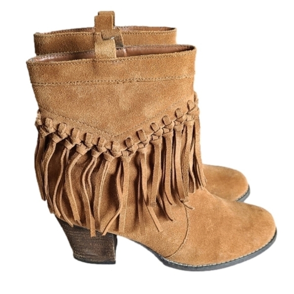 Sbicca Brown Sound Suede Leather Moccasin Boots with Fringe & Block Heel - Picture 8 of 8